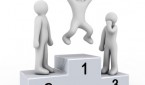 pedestal of the winner and people on white background